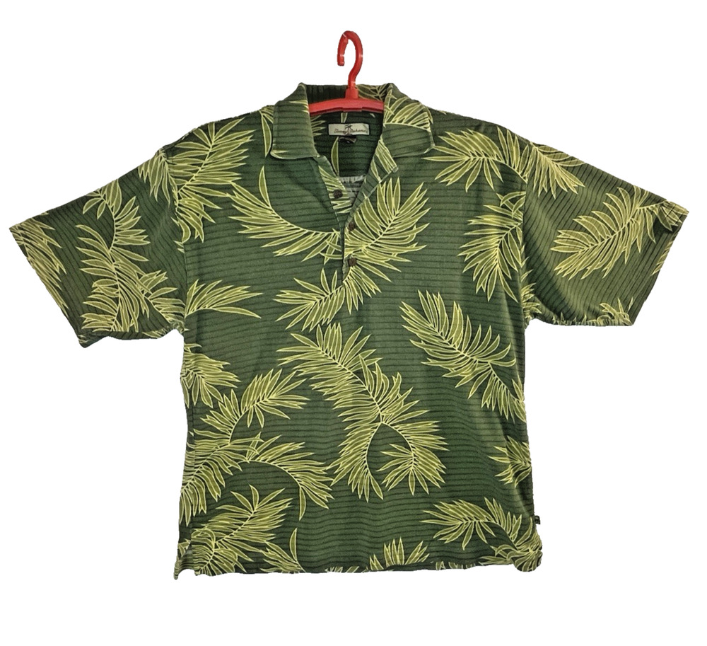 Tommy Bahama Shirt Mens L Green Palm Leaf Silk Blend Hawaiian Polo Short Sleeve